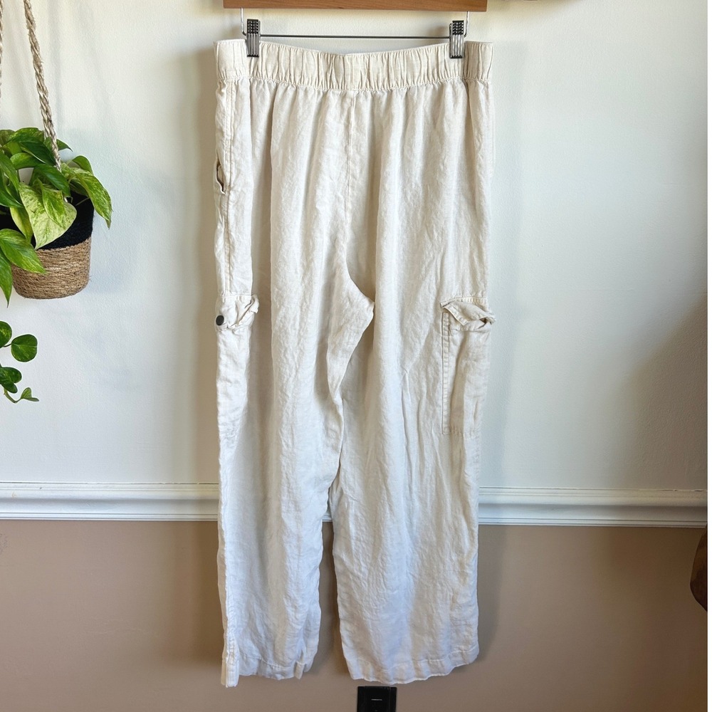 C&C California Womens Cream 100% Linen Elastic Waist Cargo Pants Large Summer